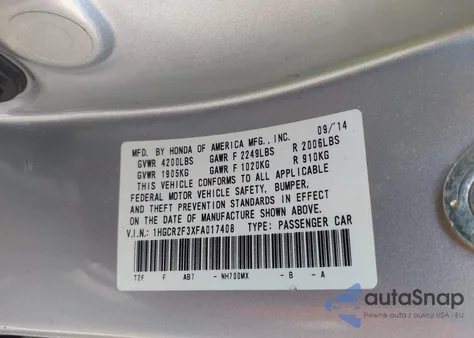 2015 Honda Accord Lx from USA, damaged, VIN 1HGCR2F3XFA017408